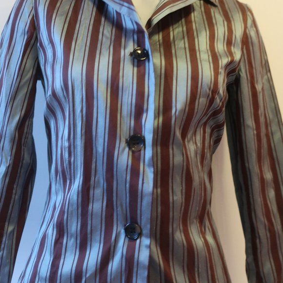 WOMENS ALBERTO BIANI BLUE BROWN STRIPED SILK BLOUSE TOP 44 US/M * - Picture 5 of 11